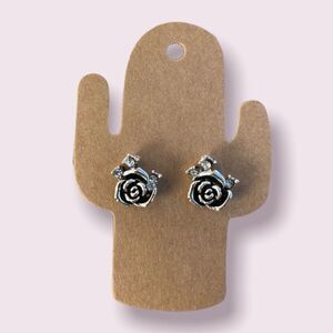 Silver Rose Rhinestone Studs Post Earrings